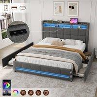 Rolipo Double Grey Upholstered Storage Bed with LED Lights & USB Ports