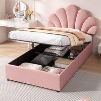 Rolipo 3ft Single Pink Velvet Bed with Hydraulic Storage & Petal Headboard | Size: Double
