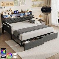 Rolipo Grey Linen Single Daybed with Trundle, Storage, LED & USB Ports | Size: Double