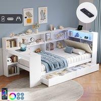 Rolipo 3ft Single L-Shape Daybed with Storage Drawers & LED Headboard White | Size: Double
