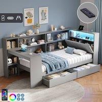Rolipo 3ft Single L-Shape Daybed with Storage Drawers, Desk & LED, Grey | Size: Double