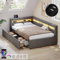 Rolipo Grey Velvet Single Daybed with LED Lights, Storage Drawers & USB Ports | Size: Double