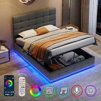 Rolipo Grey PU Leather Ottoman Double Bed Frame with LED Lighting & Storage