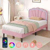 Rolipo 3ft Single Pink Velvet Bed Frame with LED Shell Headboard | Size: Double