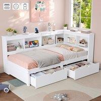 Rolipo 3ft Single L-Shape Wooden Daybed with Storage Drawers & USB, White | Size: Double