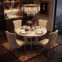 FENCHILIN Farmhouse Dining Table & 4 Velvet Chairs 120cm Round Kitchen Set in White