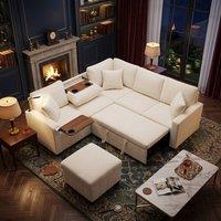 FENCHILIN Pull-out Sofa Bed with Hidden Table Reading Lamp Drop-down Cup Holders in Beige