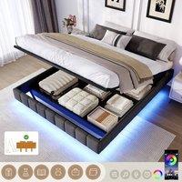 Rolipo Double Floating Bed Frame with Hydraulic Storage & LED Lights, Grey