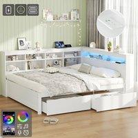 Rolipo White Wooden Double Bed Frame with LED Lights & Storage Drawers