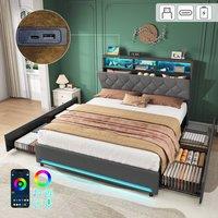 Rolipo Double Bed Frame with 4 Storage Drawers, LED Lights & USB Ports, Grey
