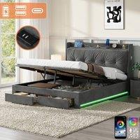 Rolipo King Size Grey Velvet Ottoman Bed Frame with LED, Storage & USB Ports | Size: Double
