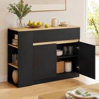 STILVORA Kitchen Island with 2 Doors, Drawer & 3 Open Shelves in Black