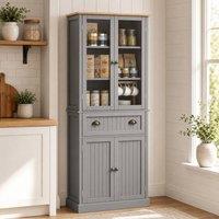 STILVORA Kitchen Pantry Cupboard with Glass Doors & Drawer in Grey