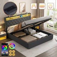 Matteo Grey Linen Double Ottoman Bed Frame - Hydraulic Storage, LED, Charging