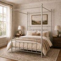 SquareBoxx Charlotte Double Four Poster Metal Bed Frame with Metal Slats in Silver