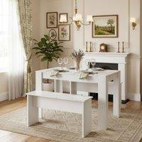 Merax Marble Effect Dining Table with 2 Benches, 3 Piece Kitchen Dining Set in White