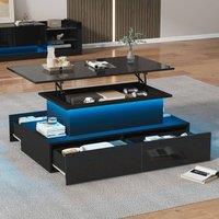Merax Modern Lift Top LED Coffee Table with 4 Push-to-Open Drawers in Black