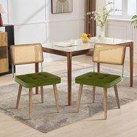 London Boutique 2PCS Rattan Dining Chair Velvet Upholstered Kitchen Chairs Side Chairs in Green