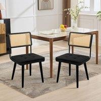 London Boutique 2PCS Rattan Dining Chair Velvet Upholstered Kitchen Chairs Side Chairs in Black