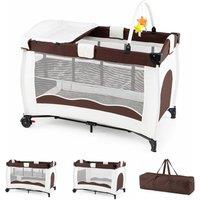 Gymax Folding Playpen 2 Lockable Wheels Diaper Changing Table 3 Hanging Toys in Brown