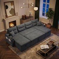 FENCHILIN 4-Seater Linen Pull-out Sofa Bed with Dual Storage Chaise Lounges in Grey | Size: 4 Person