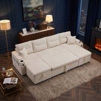 FENCHILIN 4-Seater Pull-out Sofa Bed with Dual Storage Chaise Lounges, Corduroy in Beige