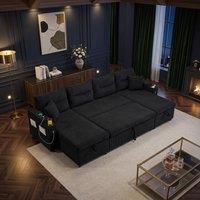FENCHILIN 4-Seater Pull-out Sofa Bed with Dual Storage Chaise Lounges, Corduroy in Black