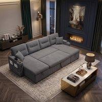 FENCHILIN 4-Seater Pull-out Sofa Bed with Dual Storage Chaise Lounges, Corduroy in Grey