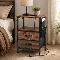 STILVORA Bedside Table with Charging Station & Storage, Rustic Brown in Dark Brown
