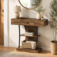 STILVORA Console Table with Drawer, Shelves & Rustic Brown Finish in Dark Brown