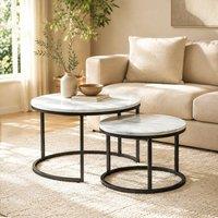 STILVORA Set of 2 Nesting Coffee Tables with Marble-Effect Finish in White