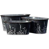 Four Candle Set of 3 Oval Meadow Zinc Planters in Grey