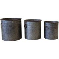 Four Candle Set of 3 Round Galvanised Zinc Planters Rustic Metal Garden Plant Pots in Grey