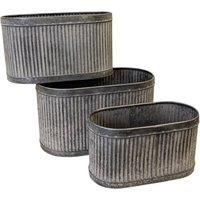 Four Candle Set of 3 Galvanised Ribbed Oval Zinc Planters Rustic Trough Pots in Grey