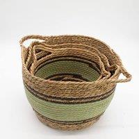 Serenityy Set of 3 Seagrass & Cotton Baskets - Natural with Black & Green | Size: 3 Pack