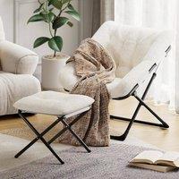 London Boutique Folding Saucer Lounge Chair w/Ottoman Upholstered Leisure Lazy Chair in Off-White