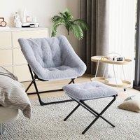 London Boutique Folding Saucer Lounge Chair w/Ottoman Upholstered Leisure Lazy Chair in Grey