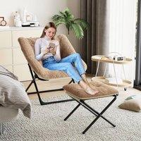 London Boutique Folding Saucer Lounge Chair w/Ottoman Upholstered Leisure Lazy Chair in Brown