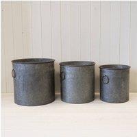 KDMD Set of Three Round Zinc Planters. S TD25 M TD30 L TD35 in Grey