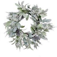 KDMD Lambs EarHolly Pine Cone & White Berry Flocked Wreath 60cm