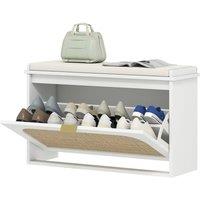 KORVIXA White Boho Shoe Bench with Seat Cushion, Flip-Drawer & Rattan Door | Size: 100 cm x 100 cm