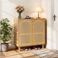KORVIXA Wooden Buffet Sideboard Rattan Storage Cabinet Display Organiser in Natural | Size: 100 cm x 100 cm