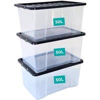 PAWNORA 50L Clear Plastic Box with Hinged Lid Heavy Duty Storage in Black