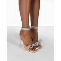 Public Desire Women's Glimmer Nude Patent Wide Fit Wrap Around Diamante Bow Square Toe Heels | Size: 3