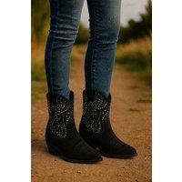 Down To Earth Women's Western Studded Micro Faux Ankle Cowboy Boots with Pointed Toe & Low Heel in Black | Size: 6