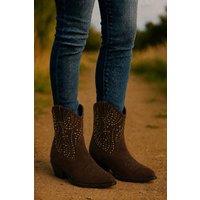 Down To Earth Women's Western Studded Micro Faux Ankle Cowboy Boots with Pointed Toe & Low Heel in Brown | Size: 3
