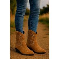 Down To Earth Women's Western Studded Micro Faux Ankle Cowboy Boots with Pointed Toe & Low Heel in Tan | Size: 7