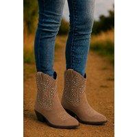 Down To Earth Women's Western Studded Micro Faux Ankle Cowboy Boots with Pointed Toe & Low Heel in Taupe | Size: 3