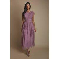 Oasis Women's Petite Pleat Bodice Ruffle Mesh Bridesmaid Midi Dress in Mauve | Size: 8