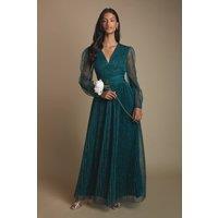 Oasis Women's Petite Volume Sleeve V Neck Mesh Bridesmaid Maxi Dress in Emerald | Size: 10